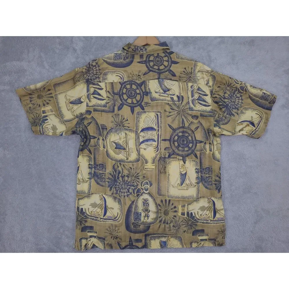 Tommy Bahama Relax Shirt‎ Men's Medium Silk Gold Blue Tiki Dugout Canoe Hawaiian
